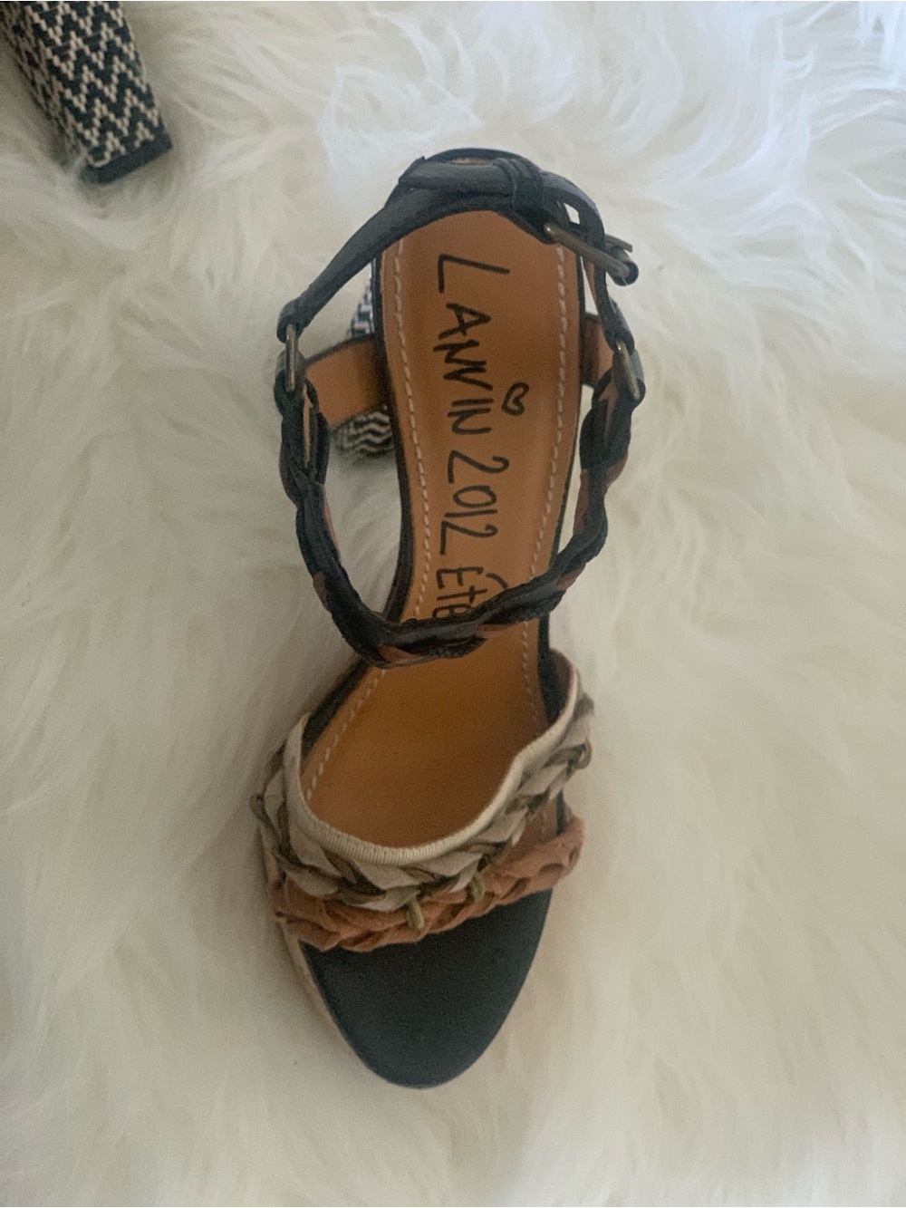Lanvin Black, Tan & Cream Braided Cork Platform Sandals - Picture 5 of 12